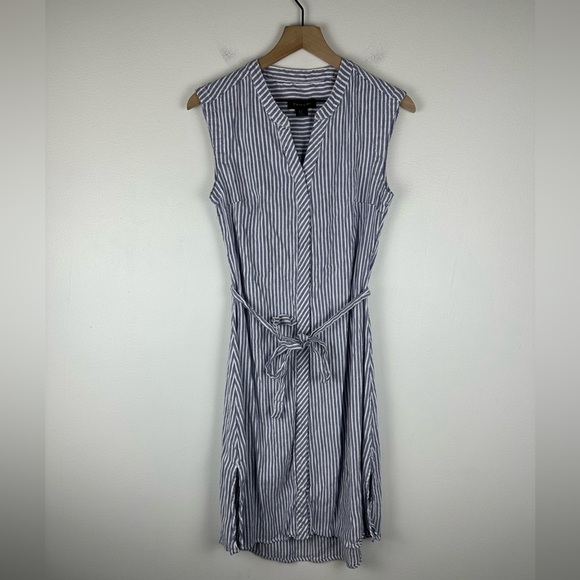 Tahari Linen Blend Sleeveless Blue Stripes Nautical Belted Button Midi Dress - Picture 1 of 4